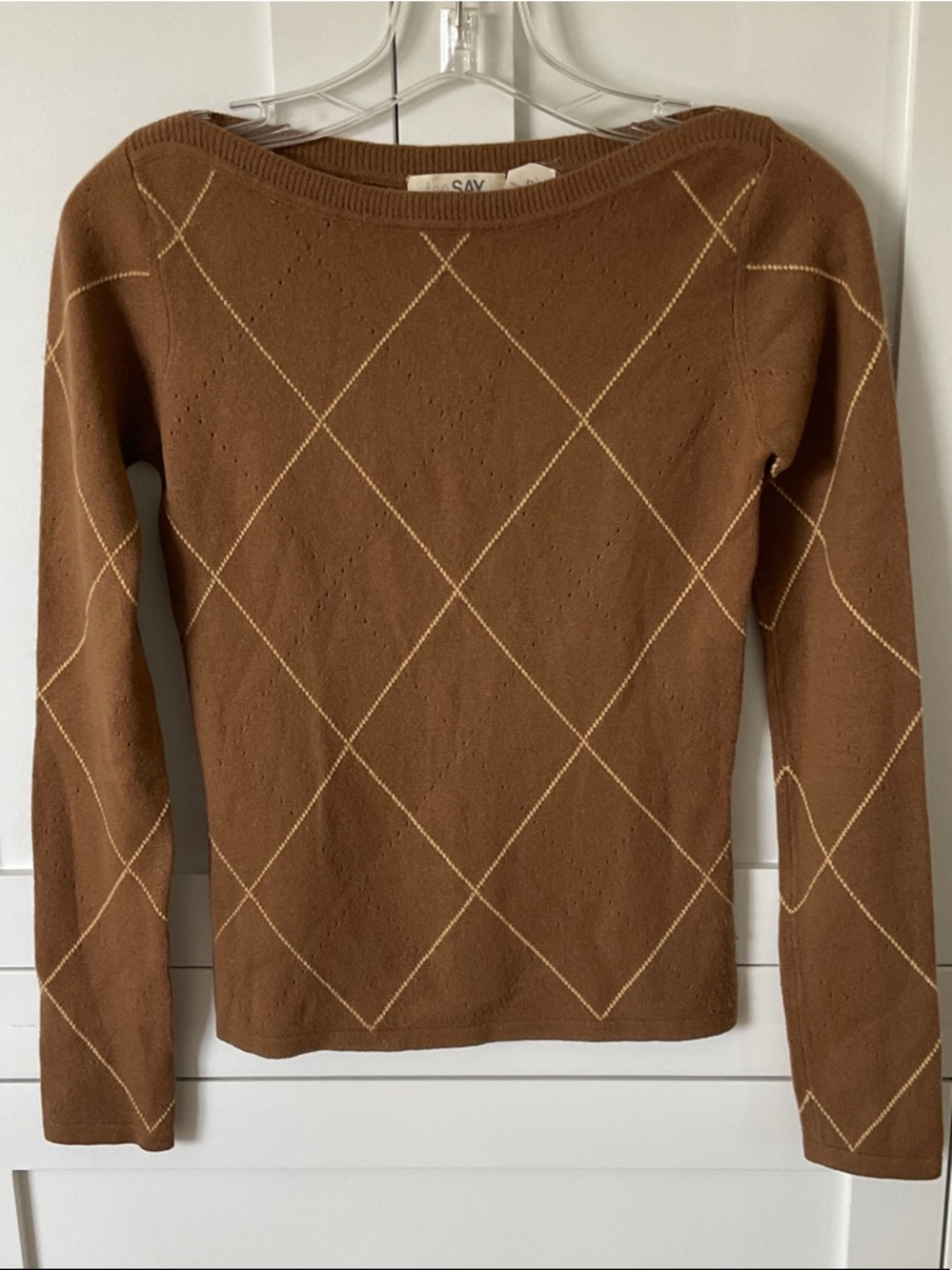 TSE Brown Diamond-Grid Boatneck Sweater